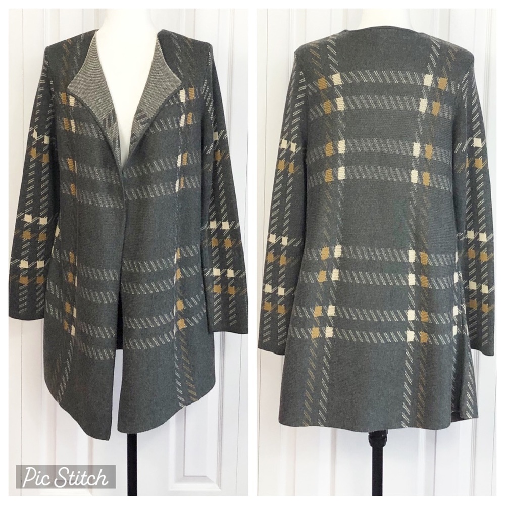 Charter Club Gray Plaid Check Open Front Wool Blend Cardigan Medium